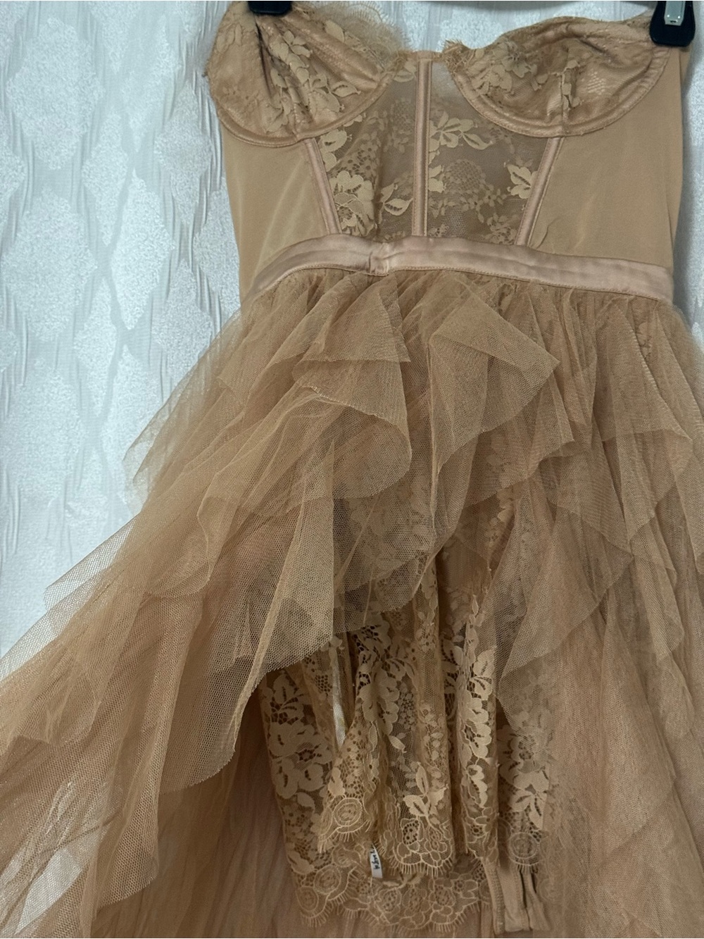 REVOLVE For The Love Of Lemons Nude Strapless Lace Bustier Tiered Tulle Gown - Picture 9 of 10